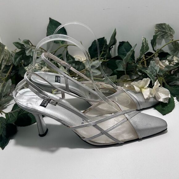 Stuart Weitzman Lame Dressy Pumps Size 8.5 Silver Matte Slingback Mesh Detail - Picture 4 of 16